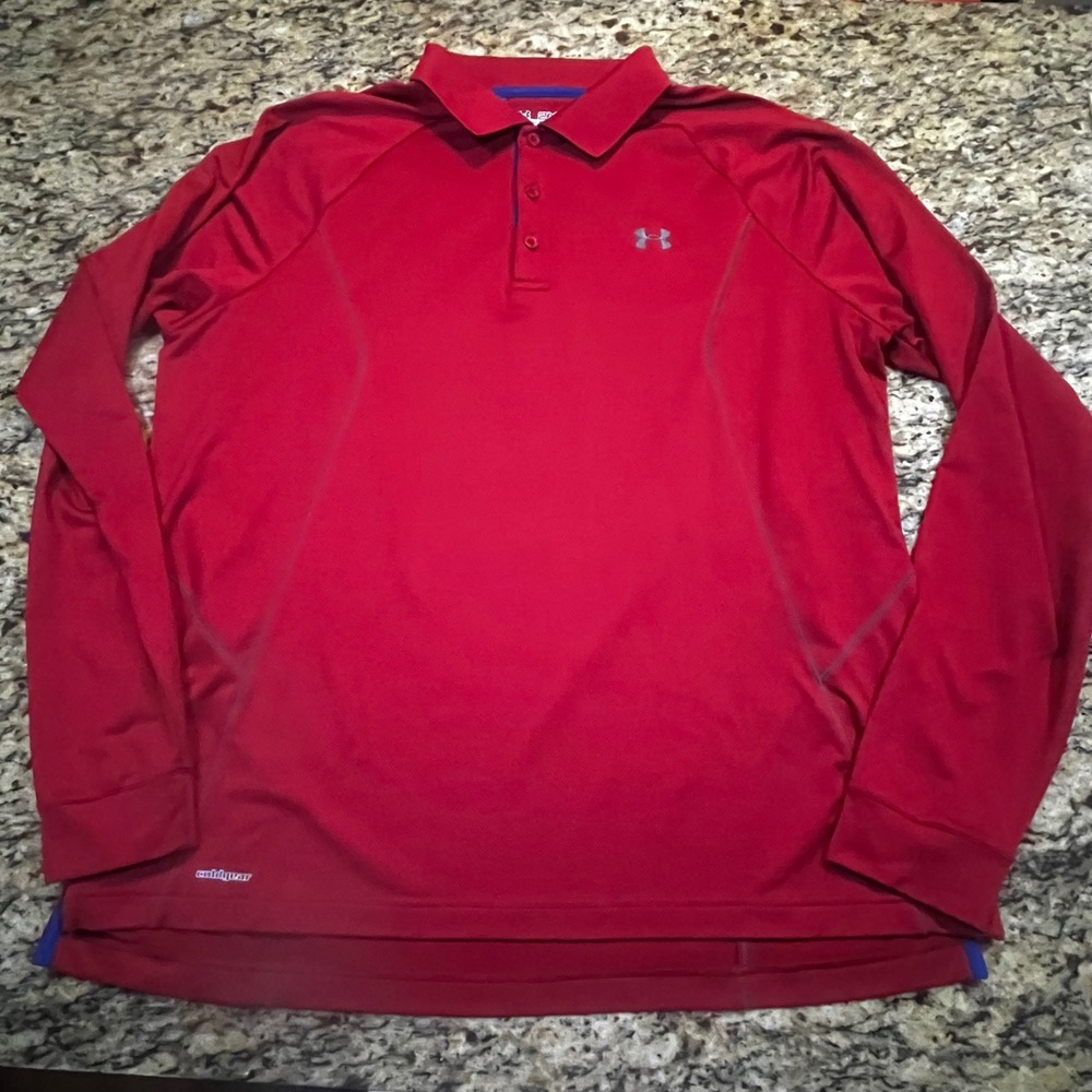 Under‎ Armour ColdGear Mens 2XL Red Long Sleeve Polo Shirt Performance Golf Top